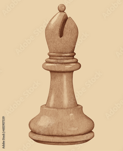 Vintage, pen and ink, white chess bishop illustration.