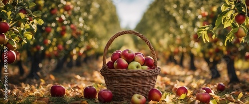 A crisp autumn day in an apple orchard, with a basket of fresh apples in the foreground