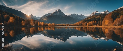 A captivating view of a mirror-like lake reflecting the perfect symmetry of the mountains above