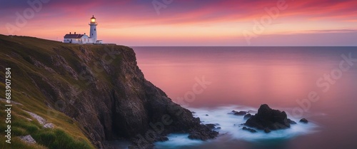 A solitary lighthouse standing firm at the edge of a cliff during a tranquil twilight photo