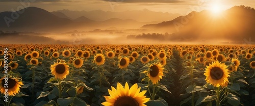 A sunflower field with the flowers facing the rising sun, symbolizing growth and optimism photo