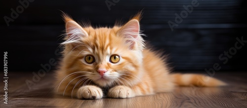 The young, curious orange feline kitten with fluffy fur had a cute face, captivating eyes, and a pretty head, making for a beautiful cat portrait.