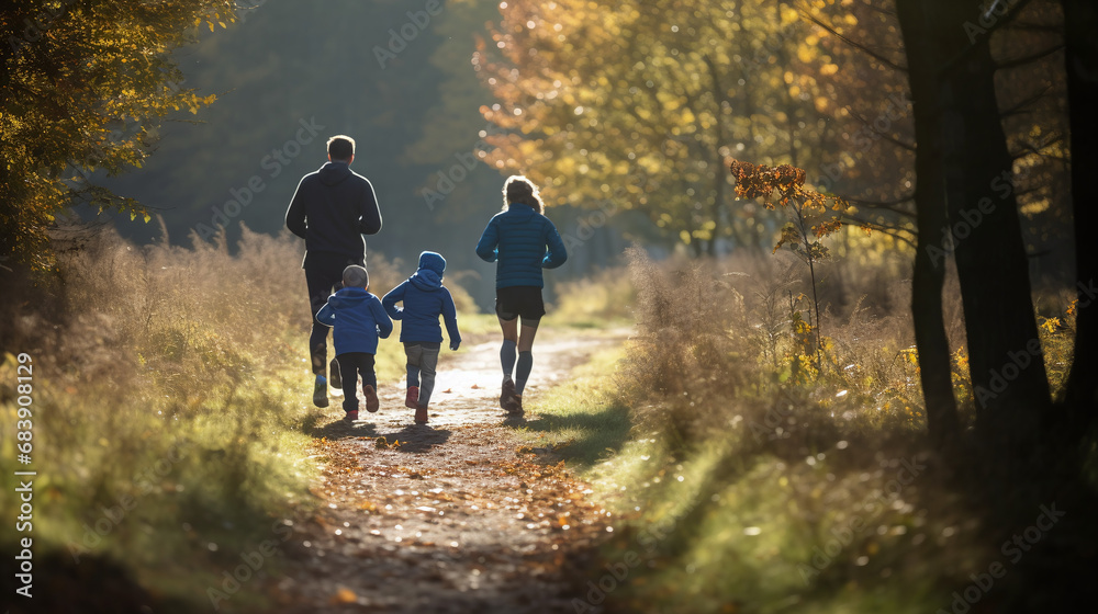 Family Enjoying a Sunny Autumn Nature Walk Together Through Forest Pathway