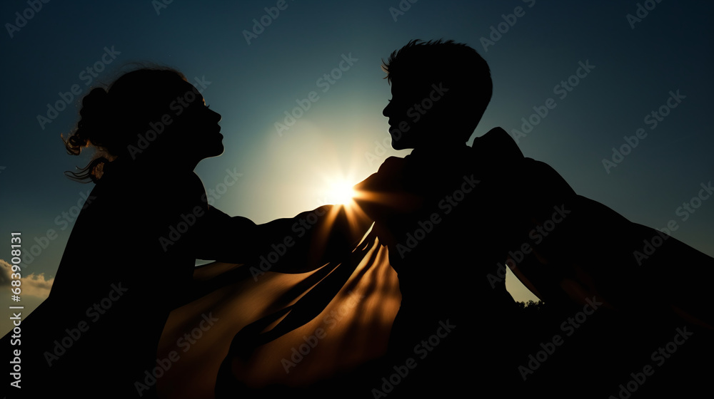 Silhouette of Loving Couple Embracing at Sunset with Sunburst Effect