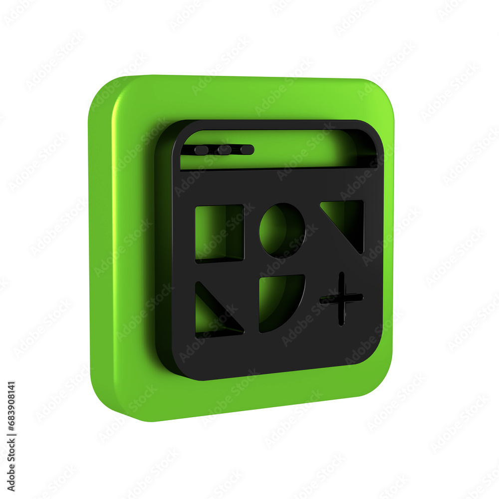 Black Different files icon isolated on transparent background. Green square button. Black Different files icon isolated on transparent background. Green square button.
