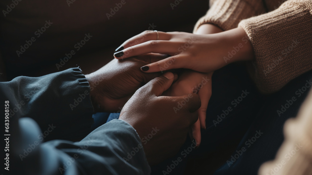 Close Up of Multiracial Couple Holding Hands Showing Affection and Support with Warm Toned Filter