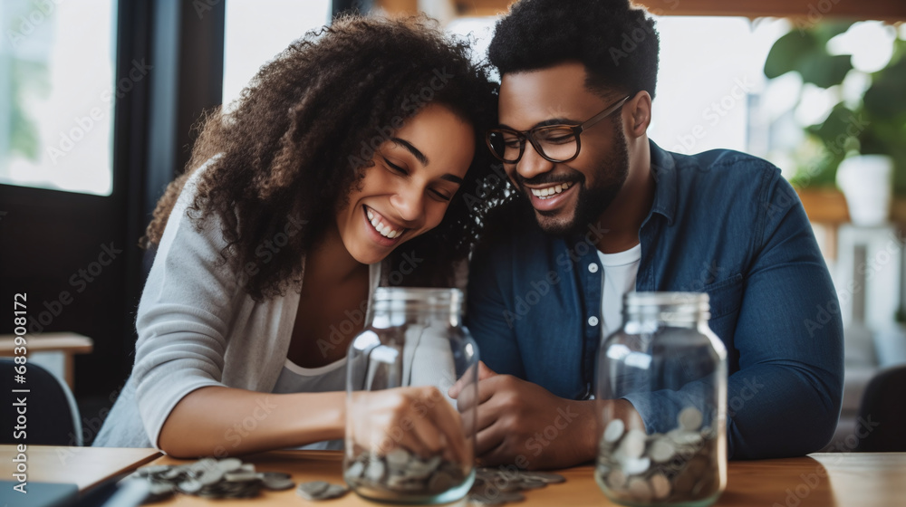 Happy Young Couple Saving Money Together at Home Planning Future Finance Budget Happy Young Couple Saving Money Together at Home Planning Future Finance Budget