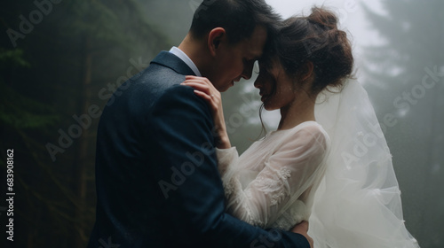 Intimate Wedding Couple Embrace in Misty Forest Elopement Ceremony Love Moment photo