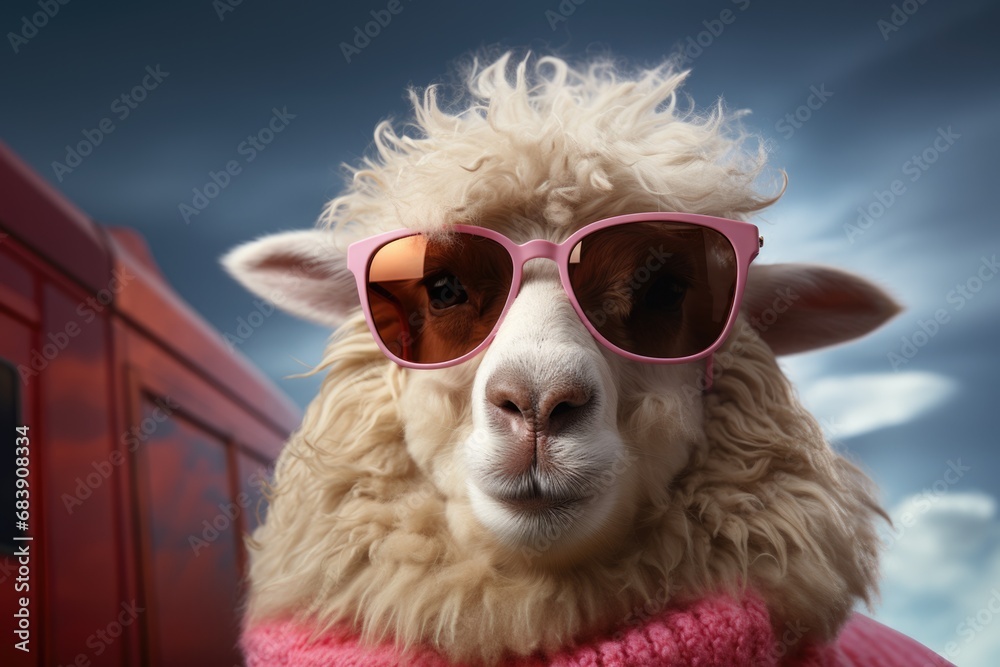 charming sheep wearing pink stylish sunglasses. Blue sky on the background.