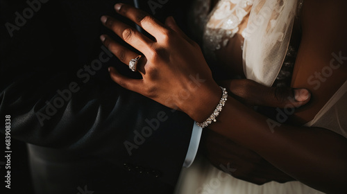 Elegant Close Up of Wedding Couple's Hands Showcasing Engagement Ring and Bracelet