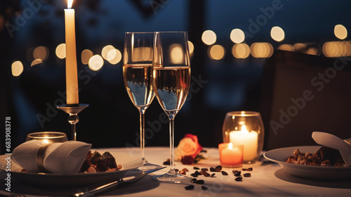 Romantic Candlelit Dinner Setting with Wine and Elegant Tableware Against a Bokeh Light Background
