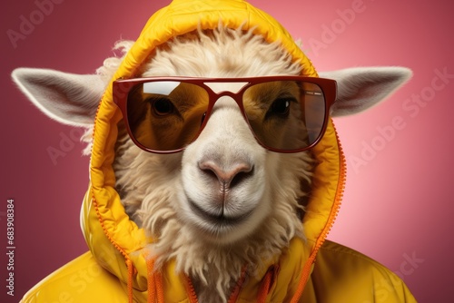 charming sheep wearing stylish sunglasses and yellow hoodie. The soft pastel pink background enhances the whimsical and fashionable vibe of the image.