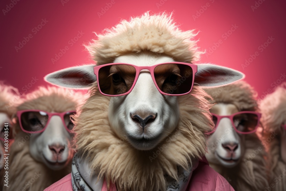charming sheep wearing pink stylish sunglasses. The soft pastel background enhances the whimsical and fashionable vibe of the image.