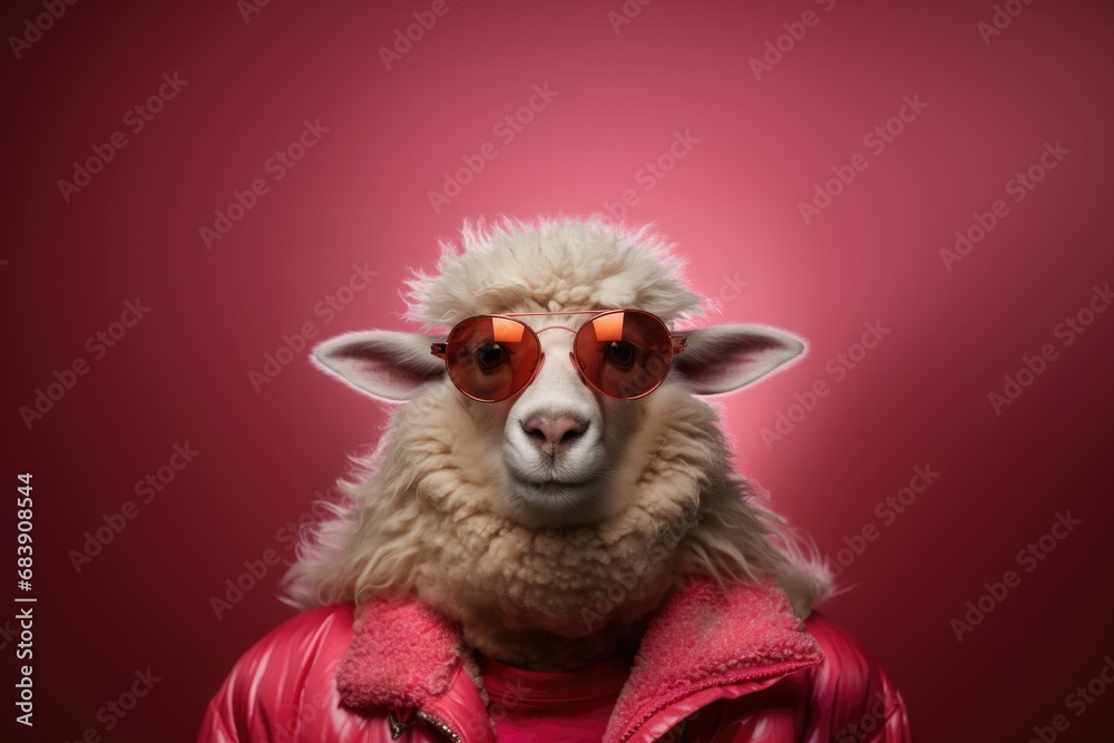 Fototapeta premium charming sheep wearing pink stylish sunglasses. The soft pastel background enhances the whimsical and fashionable vibe of the image.