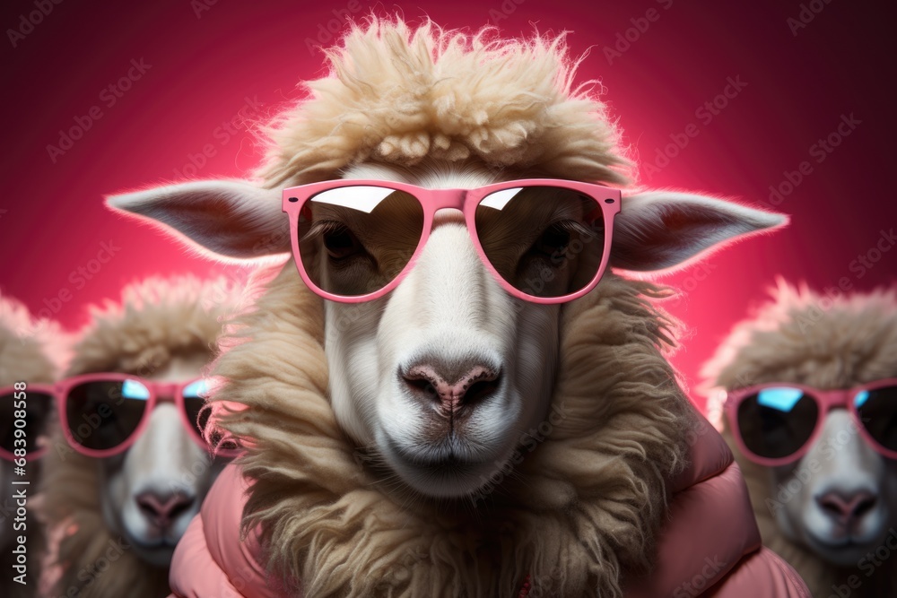 Fototapeta premium charming sheep wearing pink stylish sunglasses. The soft pastel background enhances the whimsical and fashionable vibe of the image.