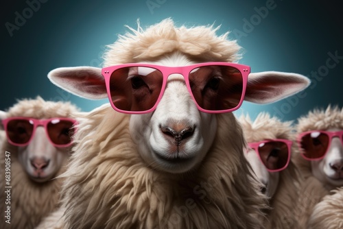 Charming sheep wearing pink stylish sunglasses. Other sheeps on the back and blue background.