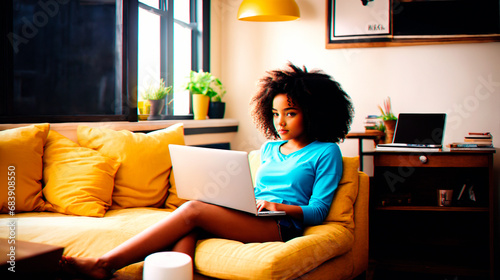 A black girl is sitting with a laptop on a yellow sofa, she is calm