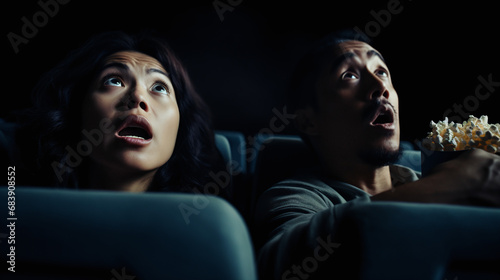 Young Couple Shocked and Amused Watching Thrilling Movie in Dark Cinema Theater with Popcorn