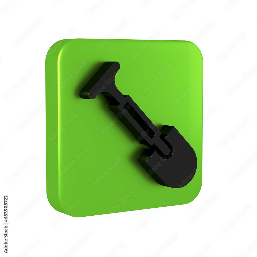 Black Shovel icon isolated on transparent background. Gardening tool. Tool for horticulture, agriculture, farming. Green square button. Black Shovel icon isolated on transparent background. Gardening tool. Tool for horticulture, agriculture, farming. Green square button.