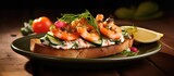 The green Mediterranean toast was a healthy sandwich option, topped with fresh vegetables and a creamy dressing, accompanied by grilled salmon and shrimp, making it a nutritious seafood dinner meal or
