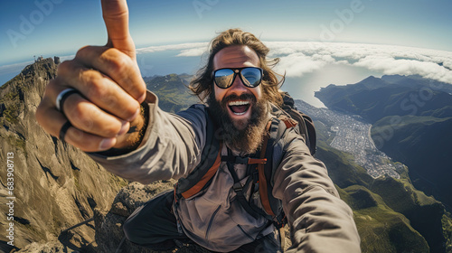 A happy and positive hiker in the mountains taking a selfie