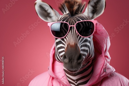 zebra wearing a pink and white striped hoodie and oversized sunglasses  set against a vivid pink backdrop. 