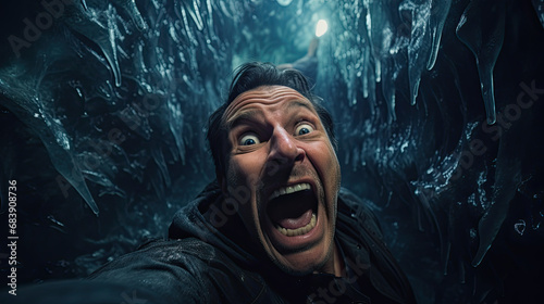 Scared man in a claustrophobic ice cave in the winter