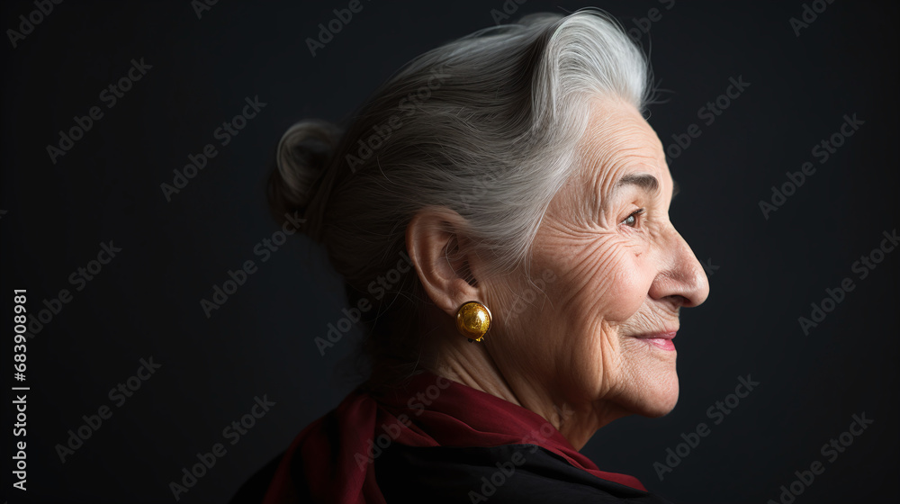 Elegant Senior Woman with Gray Hair and Gold Earrings Smiling Against Dark Background