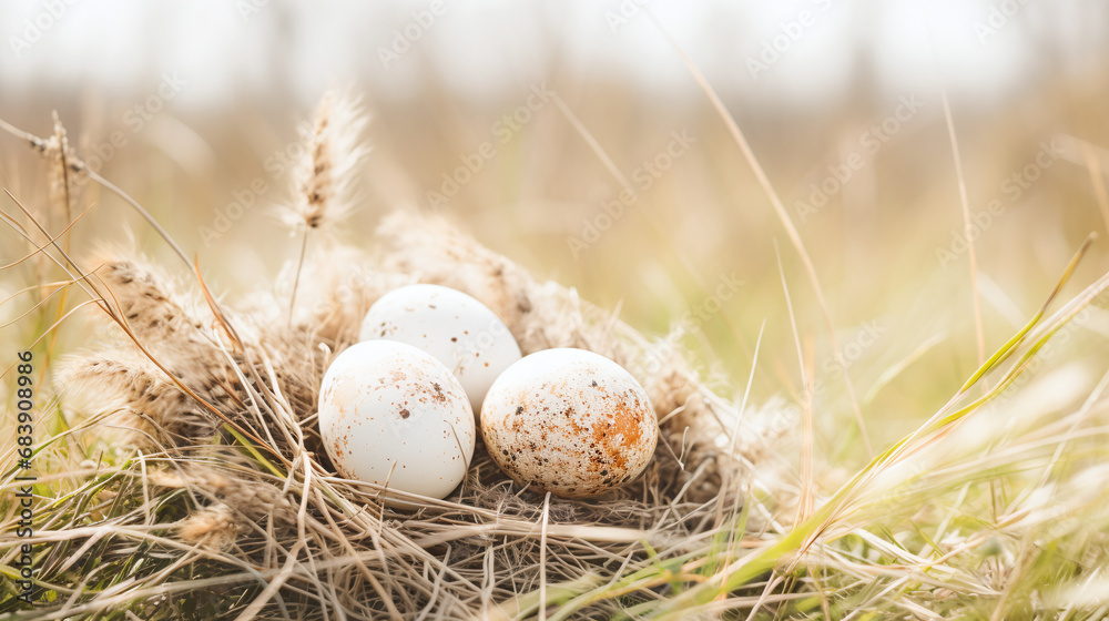 Obraz premium Bird Eggs Nestled in Natural Grass Nest Soft Light Warm Nature Background