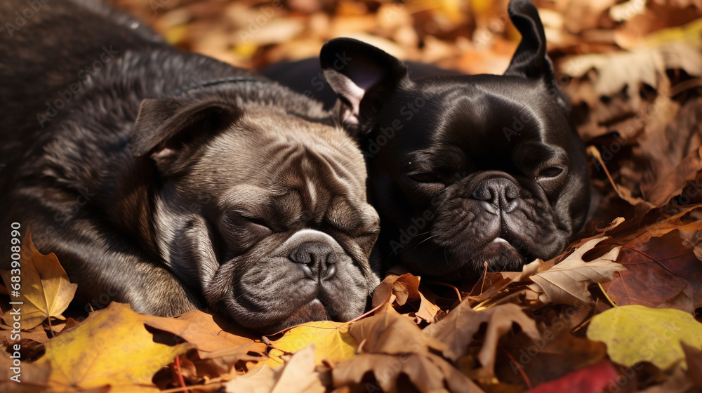 Two Adorable French Bulldogs Sleeping Peacefully Among Autumn Leaves in Warm Sunlight