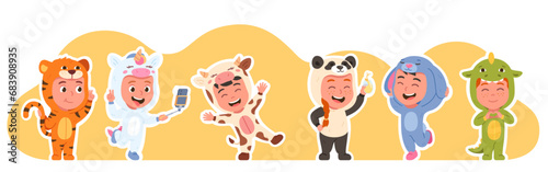 Animal character costumes pajama party set. Happy men, women friends group in funny clothes dancing having fun. Slumber party fun, weekend celebration in jumpsuits flat vector illustration