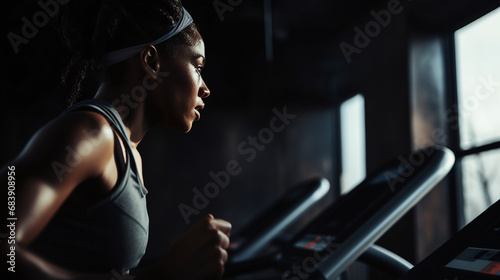 Focused Female Athlete Running on Treadmill in Gym Exercise Workout Determination Concept