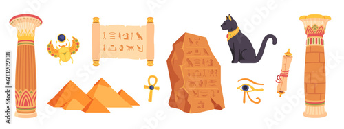 Ancient Egyptian papyrus scroll, pillar, rock set. Egypt pyramids, Wadjet Eye, scarab, Bastet cat, ankh Coptic cross, hieroglyphs on old tomb stone board. Archeology, history flat vector illustration