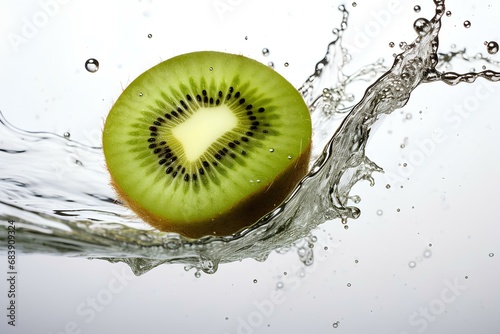 green kiwi slice making a dramatic splash upon entering the water, all set against a blank white canvas. generative AI