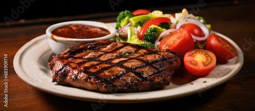 The gourmet cuisine at the barbecue joint offers a sizzling array of mouthwatering dishes, including tender steak and chicken, served with a refreshing salad topped with juicy tomatoes, all presented