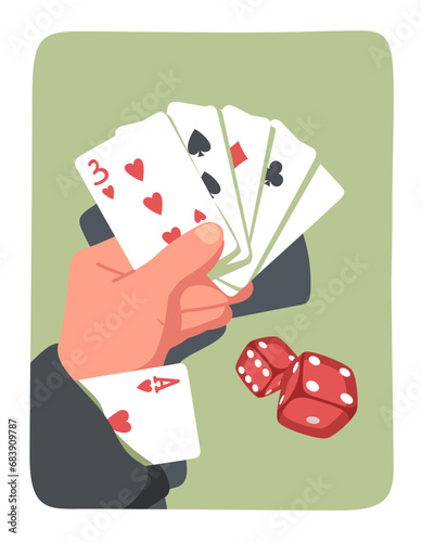 Magician hand holding playing cards, ace in sleeve. Sharper person hand playing poker game or showing tricks with cards and dice. Gambling, casino, magic, illusion sticker flat vector illustration