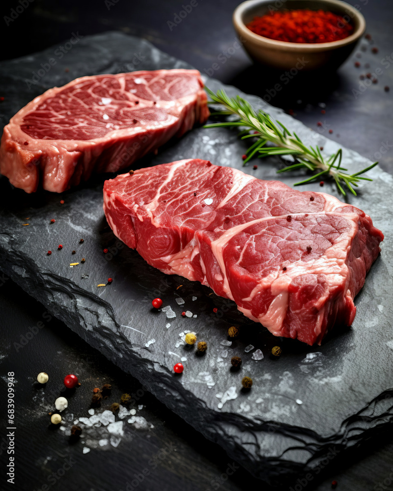 Two uncooked meat steaks on a black background.