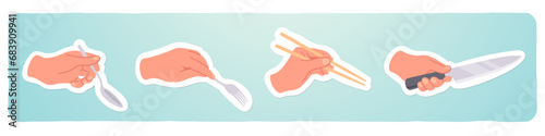 Hands holding cutlery kitchen utensils set. Person hand holding chopsticks, spoon, knife, fork flatware tool for eating food collection. Restaurant dining silverware stickers flat vector illustration