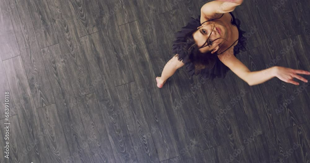 Ballet, top view and woman in dance studio for training, practice or fitness routine. Ballroom, rehearsal or portrait of dancer with theatre or stage show rehearsal, beauty or performance from above