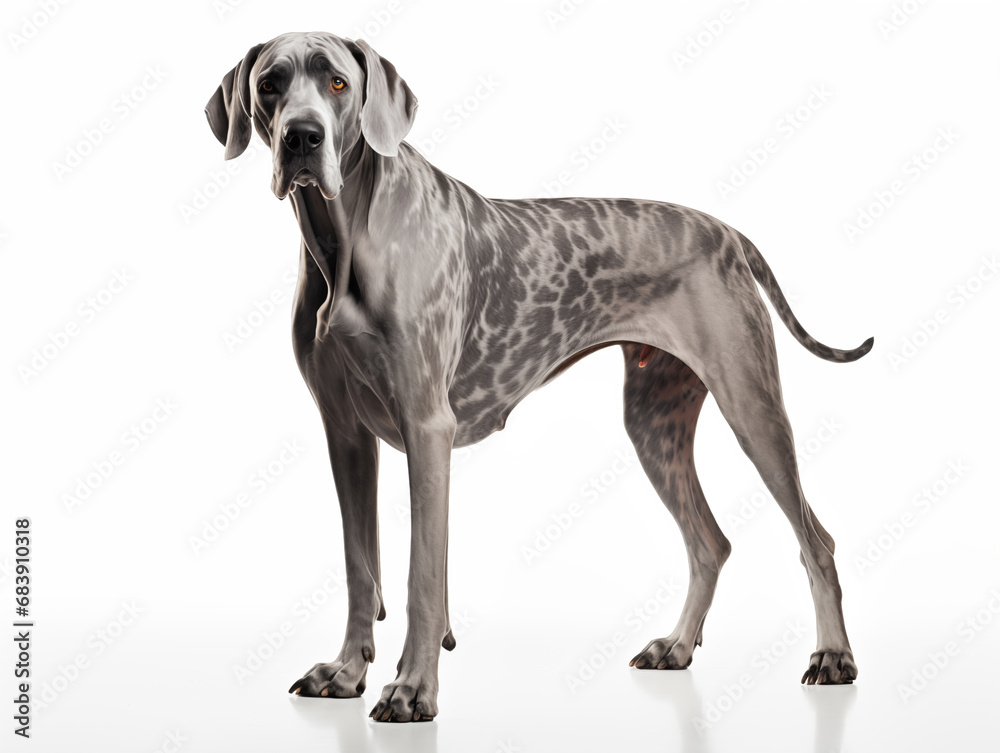 Purebred dog of the breed Deutsche Dogge in full size. Isolated on a white background.