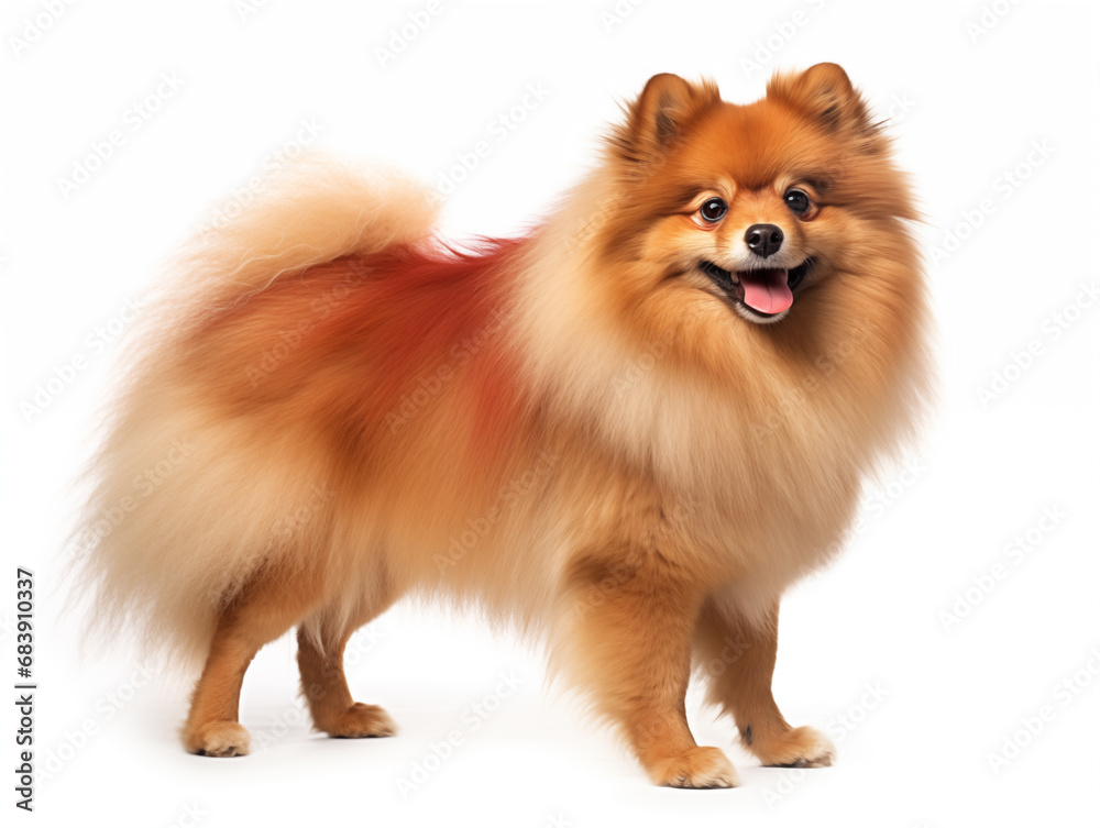 Purebred red dog of spitz breed in full size. Isolated on a white background.