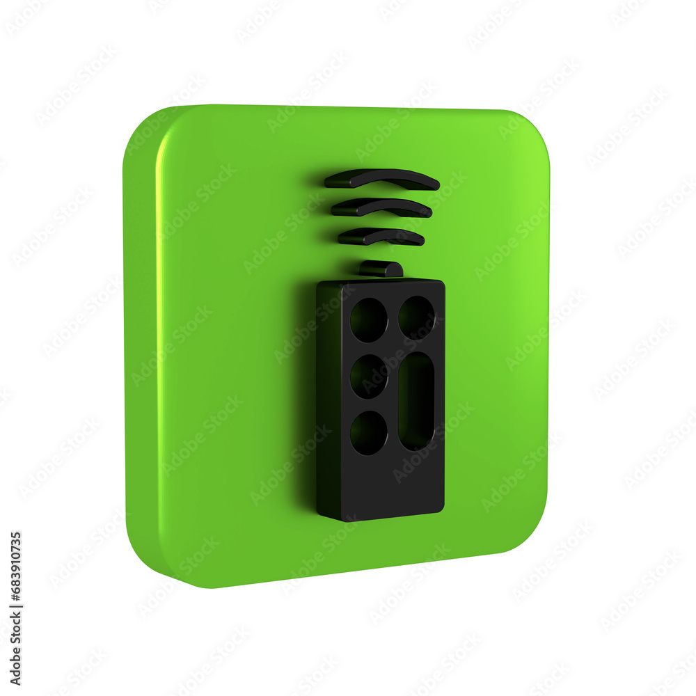 Obraz premium Black Remote control icon isolated on transparent background. Green square button.