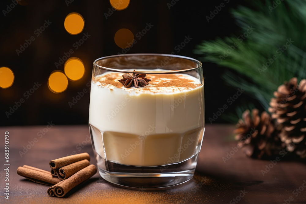 Glass of eggnog covered with layer of whipped cream. Traditional Christmas drink is decorated with cinnamon sticks, star of cardamom and fir branch on background of bokeh. Atmosphere of joy, comfort.