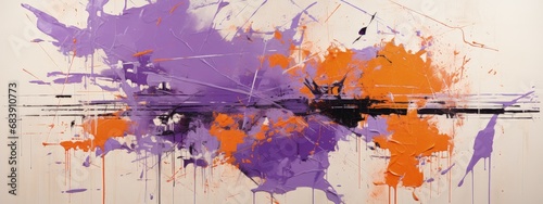 Abstract Painting with Purple and Orange Splatters and Brush Strokes