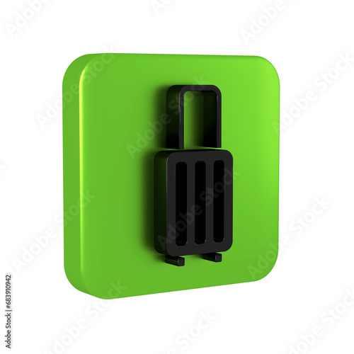 Black Suitcase for travel icon isolated on transparent background. Traveling baggage sign. Travel luggage icon. Green square button.