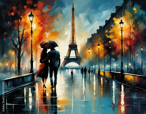 Lovers in Paris on a rainy night, moonlight, reflection, dreamy, ethereal