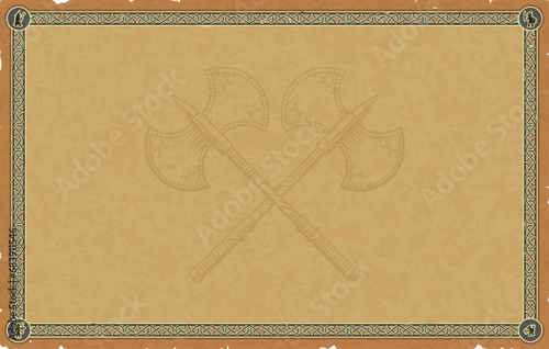 Large Medieval Parchment with Celtic Knot Frame, Fantasy Icons, Crossed Double Axes