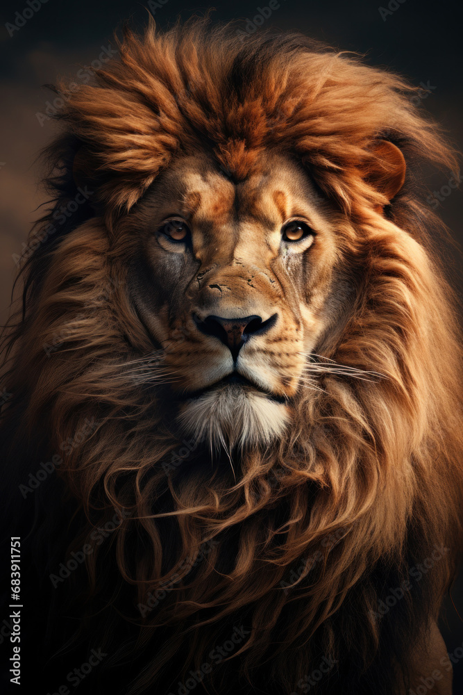 Adult Lion king portrait on dark background. Created with Generative AI