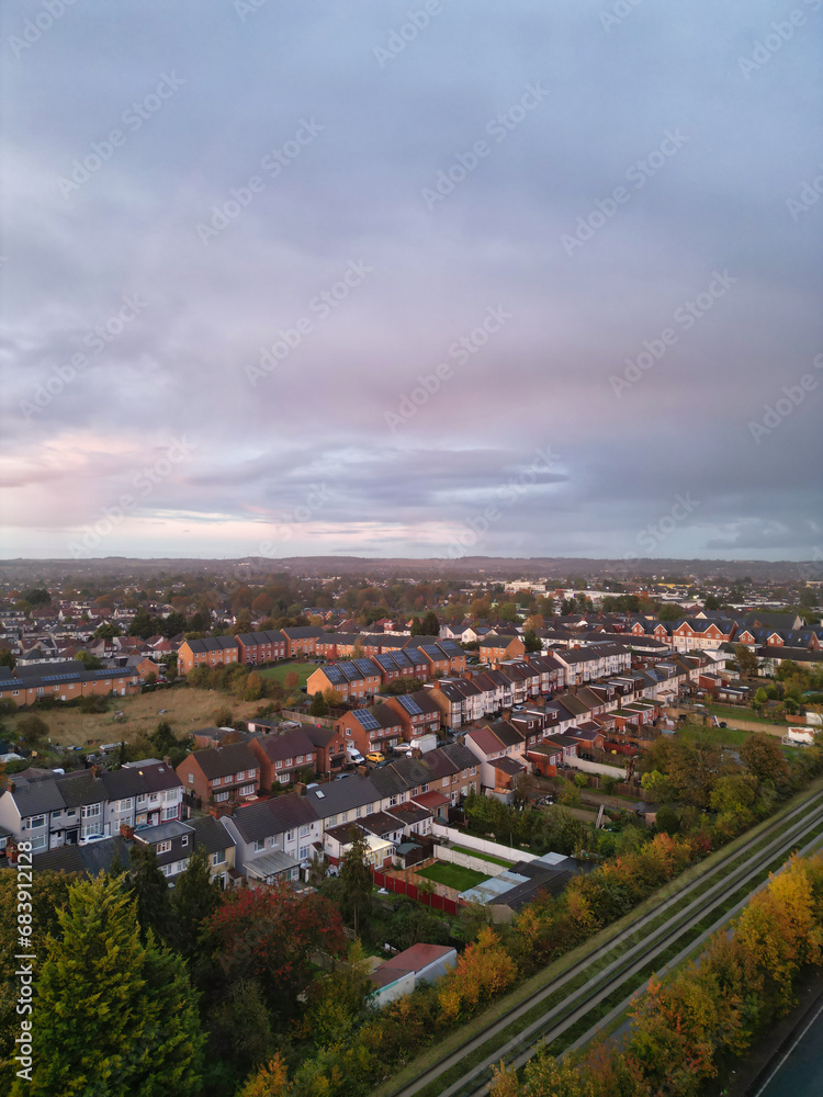 Luton and Dunstable Town's Aerial Footage of Borders of Both Neighbouring Towns of England UK During Orange Sunset