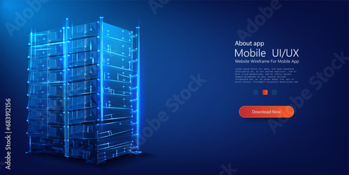 Data center or server room with servers of information cloud storage.  Big data processing and computing technology. Hosting server. Network mainframe infrastructure website header layout. Vector